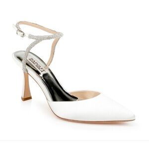 Badgley Mischka Kamilah White Satin Pointed Toe Heels with Crystal Sling Strap